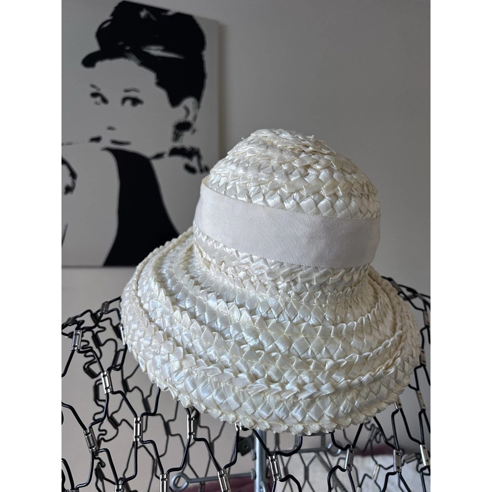 Vintage White Woven Straw Cloche Hat Grosgrain Ribbon Bow Wedding Garden Party